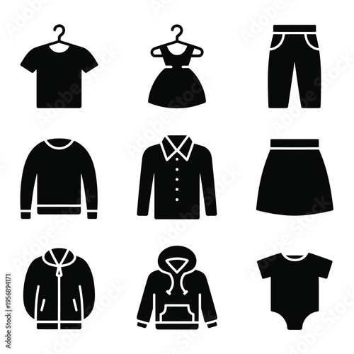 A collection of black silhouette icons representing various types of everyday casual clothing items isolated on white background, Vector, illustration