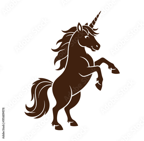 Brown unicorn standing on hind legs with flowing mane and tail isolated on white background