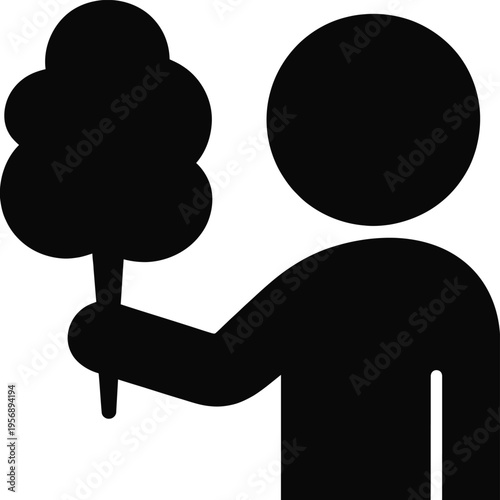 A simple black silhouette icon of a person holding a large fluffy stick of sweet pink cotton candy isolated on white background, Vector, illustration
