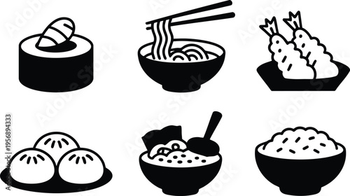 Minimalist Ramen, Sushi, and Dim Sum Graphics, Asian Culinary Staples and Gastronomy Symbols, Traditional Japanese Cuisine and Sushi Icon Set.