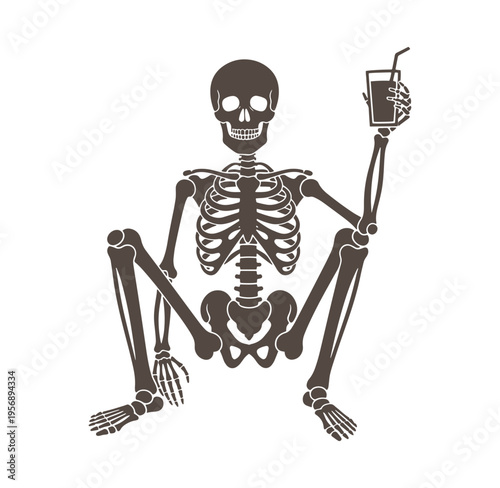 skeleton sitting and holding a drink with a straw in its hand on white background