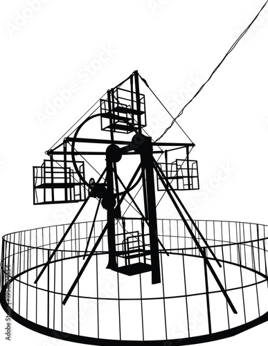 Amusement park swing ride structure silhouette, carnival attraction illustration, black and white vector, mechanical design, funfair entertainment equipment concept