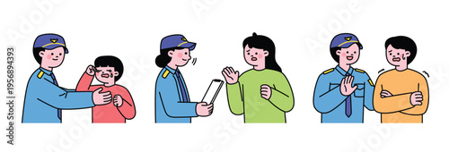 The police are helping and comforting citizens, and collecting testimonies. Cute character with a round face. 