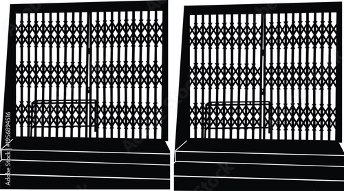 Black and white geometric gate lattice pattern with diamond shapes, symmetrical architectural design, repeating structure vector illustration for construction concept