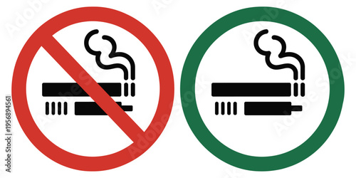 No Smoking No Vaping forbidden sign vector with cigarette and vape symbols, green designated area for allowed smoking, prohibition and safety awareness