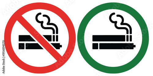 No Smoking No Vaping forbidden sign vector with cigarette and vape symbols, green designated area for allowed smoking, prohibition and safety awareness
