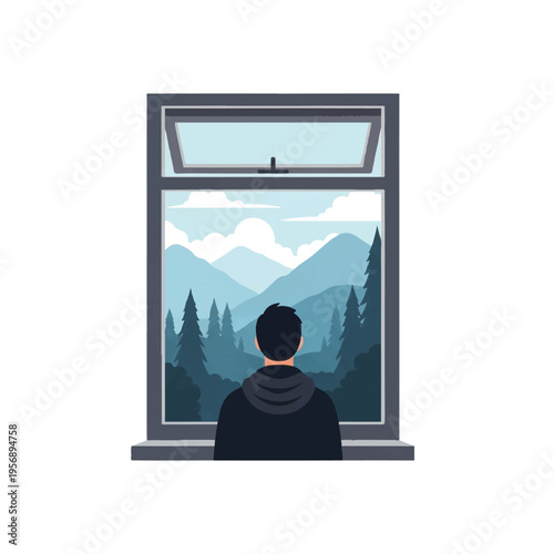 Man Looking Out Window at Mountains.