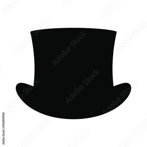 A classic black top hat silhouette with a tall cylindrical crown and a curved wide brim design isolated on white background, Vector, illustration