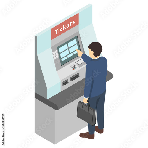 アイソメトリックイラスト：駅の券売機でチケットを買う男性