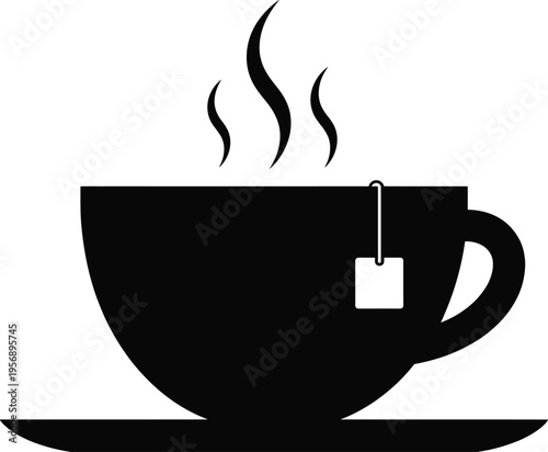A black silhouette icon of a steaming cup of tea with a hanging tea bag resting on a small saucer isolated on white background, Vector, illustration