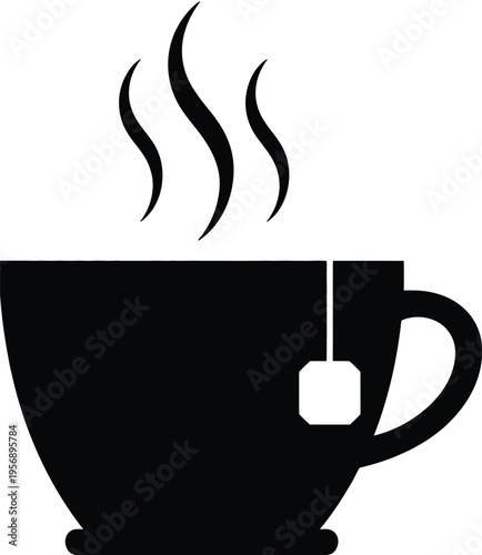 A simple black silhouette icon of a hot cup of tea with a teabag tag hanging from the side handle isolated on white background, Vector, illustration