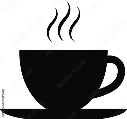 A minimalist black silhouette icon of a hot cup of coffee resting on a matching round saucer plate isolated on white background, Vector, illustration