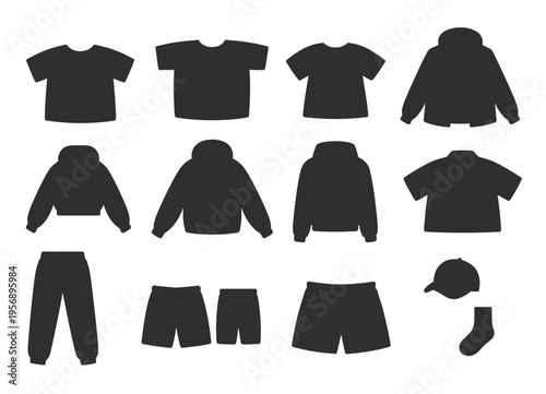 A collection of various black clothing items including t-shirts hoodies jackets shorts and pants isolated on white background, Vector, illustration