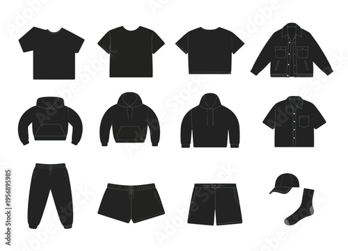 A collection of black clothing apparel icons including shirts hoodies jackets shorts and accessories isolated on white background, Vector, illustration