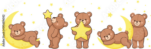Cute Teddy Bear Sleep Set with Moon, Stars, and Bedtime Poses for Kids Illustration, Nursery Design, and Sweet Dream Night Concept Collection