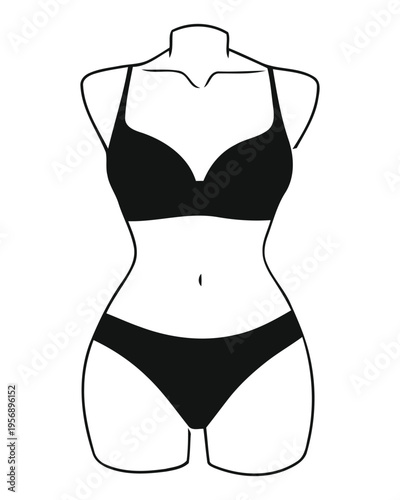 Simple line art illustration of a woman wearing a matching black bra and panty lingerie set isolated on white background, Vector, illustration