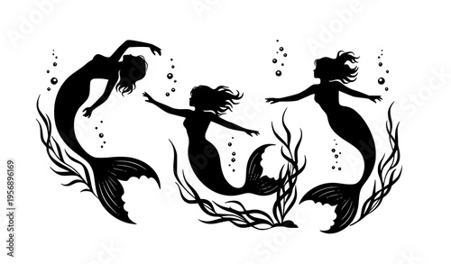 Mermaid silhouettes vector with flowing tails, seaweed, and bubbles for underwater fantasy illustration