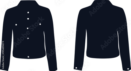 Dark navy blue denim jacket showing both the front and back view for apparel design templates isolated on white background, Vector, illustration