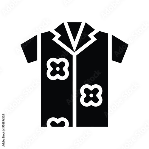 Black and white floral print short sleeve button down shirt with a classic pointed collar design isolated on white background, Vector, illustration