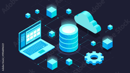 An isometric 3D blockchain technology banner with a laptop and server