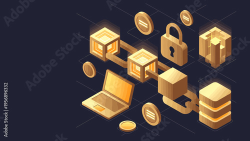 An isometric 3D technology banner displays a laptop with secure boxes and coins floating around it