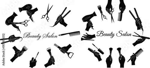 Beauty salon tools silhouettes set featuring hands holding scissors comb hairdryer and styling equipment for hairstyling cosmetology and fashion design illustration