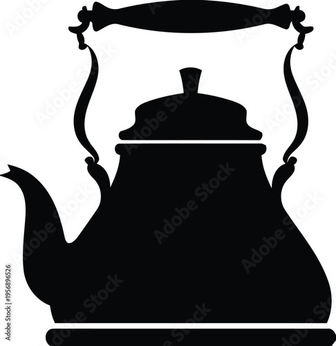 A classic silhouette of a vintage tea kettle featuring a traditional lid and an ornate handle isolated on white background, Vector, illustration