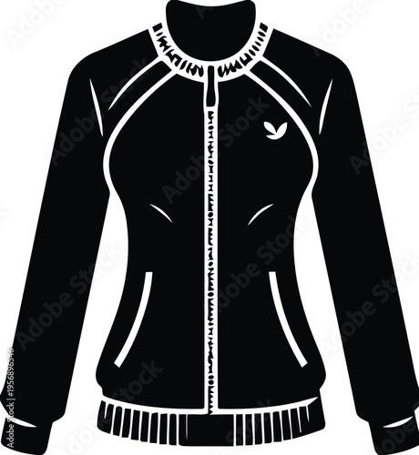 A black athletic jacket featuring a front zipper closure and a subtle leaf logo on the chest area isolated on white background, Vector, illustration