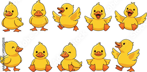 Cute Yellow Chick Cartoon Set with Funny Baby Chicken Characters, Different Poses, and Happy Expressions for Kids Illustration, Farm Animal Design, and Playful Collection