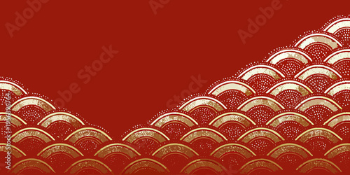 Elegant golden wave patterns adorn a vibrant red background design