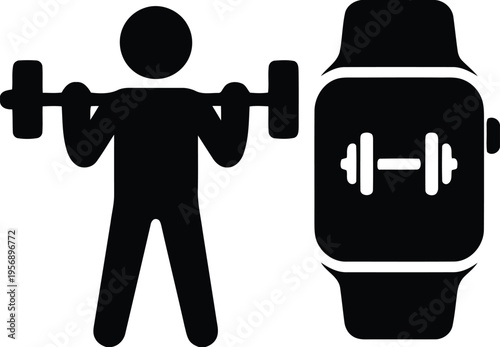 A black icon showing a person lifting a barbell next to a digital smartwatch with a dumbbell icon isolated on white background, Vector, illustration
