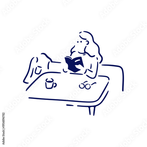 カフェで読書する女性のイラスト素材