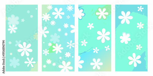 Four vertical panels featuring floral patterns in shades of teal and white