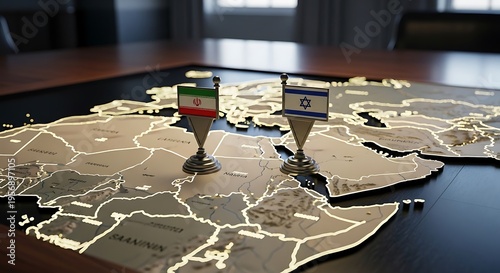Iran and israel flags pin markers on world map tabletop with iran flag