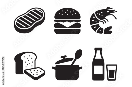 Black and white icons depicting various food and drink items