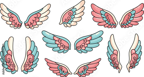 Decorative Angel Wings Vector Set with Pastel Colors, Ornamental Details and Symmetrical Designs for Fantasy Illustration, Tattoo Art and Elegant Graphic Elements