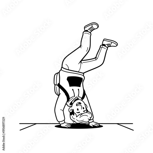Cute boy character doing handstand pose vector illustration in sketch style.
