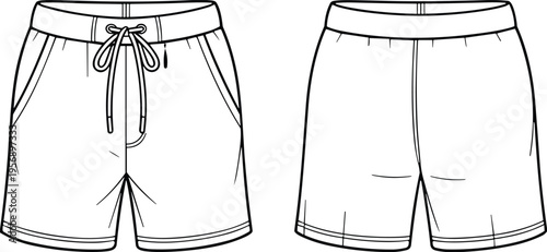Front and back shorts technical drawing, casual apparel template vector, blank sportswear mockup design, detailed clothing outline illustration set