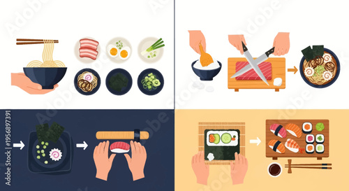 Japanese Cuisine Cooking Process Illustration with Ramen Ingredients, Sushi Rolling, and Chef Hands Preparing Food in Flat Vector Style