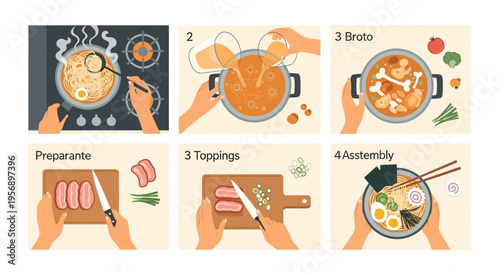 Step by Step Instruction for Cooking Japanese Ramen Noodle Illustration Infographic