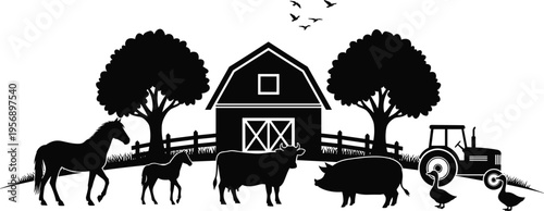 Black silhouette farm scene with barn, tractor, animals, trees, rural countryside lifestyle, agriculture concept, traditional farming illustration, rustic village environment