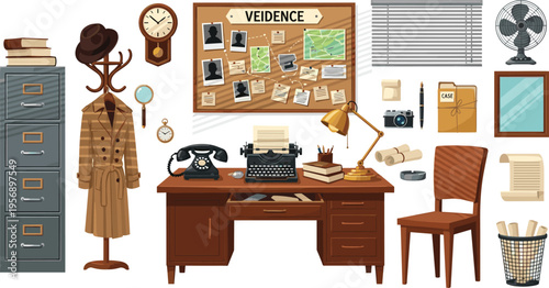 Detective Office Interior Furniture Collection with Evidence Board, Desk, Filing Cabinet, Chair, Coat Rack, Fan, and Investigation Workspace Elements