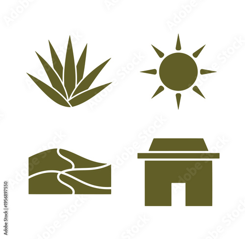 Olive green icons of tropical leaf sun building and hills on white background