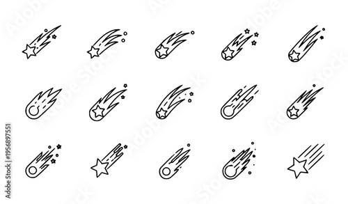 Shooting star icons vector set with comet trails and meteor streak symbols in clean minimal flat style