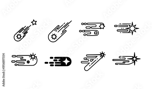 Bold shooting star and comet trail icons vector set with dynamic meteor streak silhouettes