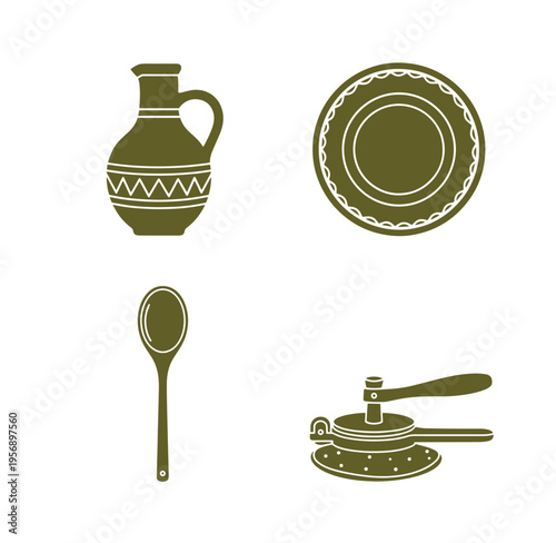 Olive green kitchen utensils and dishes on white background