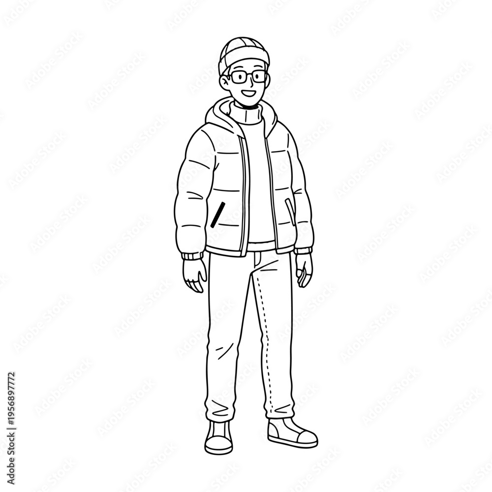 Obraz premium Man character wearing winter jacket clothes vector illustration in sketch style.