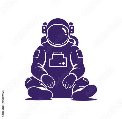 Purple astronaut sitting crosslegged in spacesuit isolated on white background