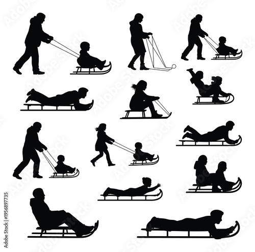 Sled Silhouette Vector Illustration of People Sledding