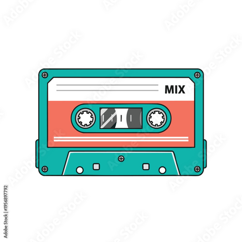 Retro audio cassette tape, teal casing, coral tape, with "MIX" label